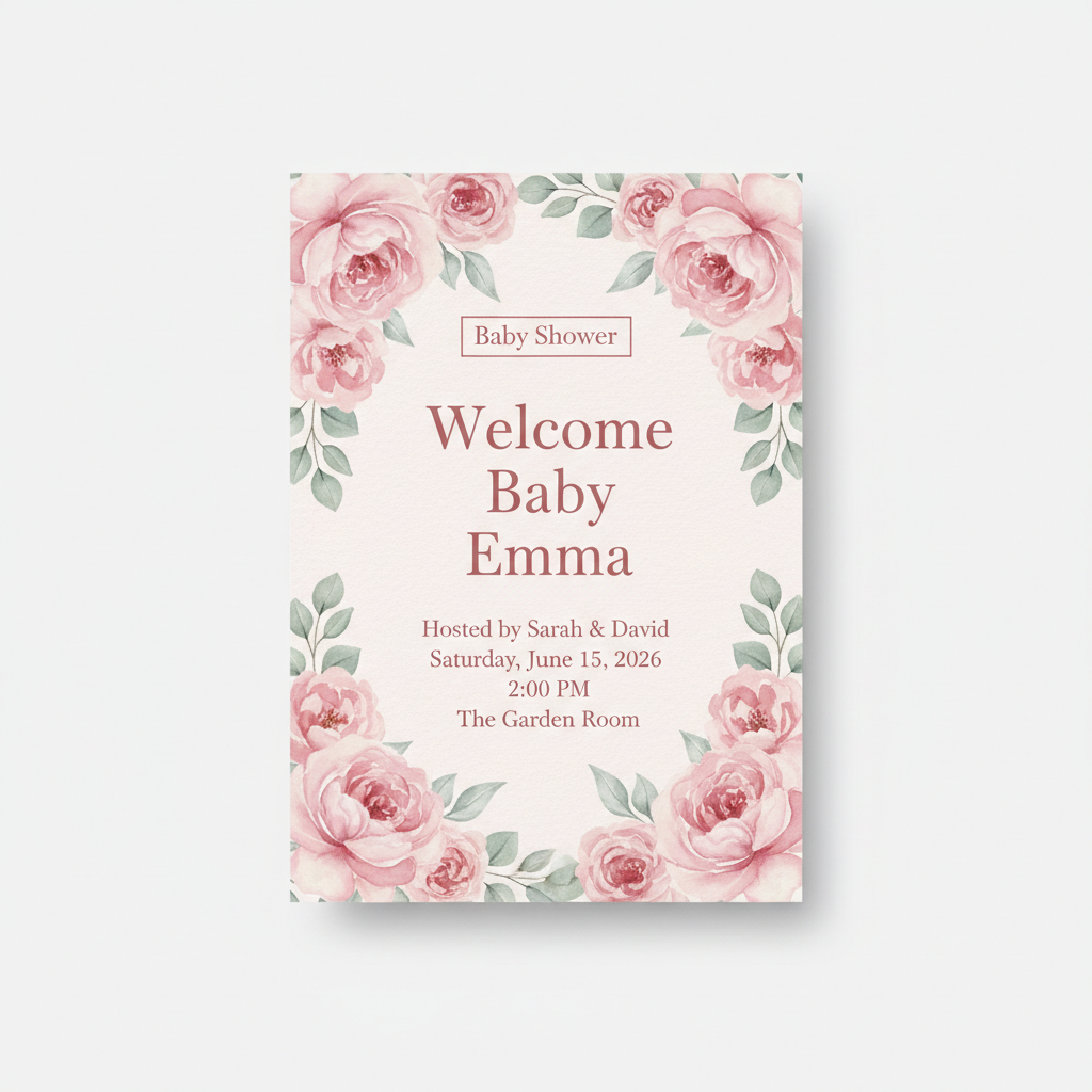 AI-generated baby shower invitation with watercolor roses