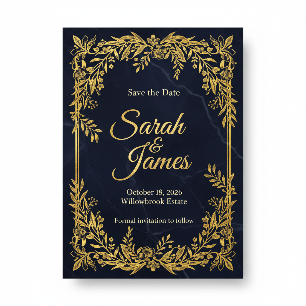 AI-generated wedding save-the-date with gold foil on navy